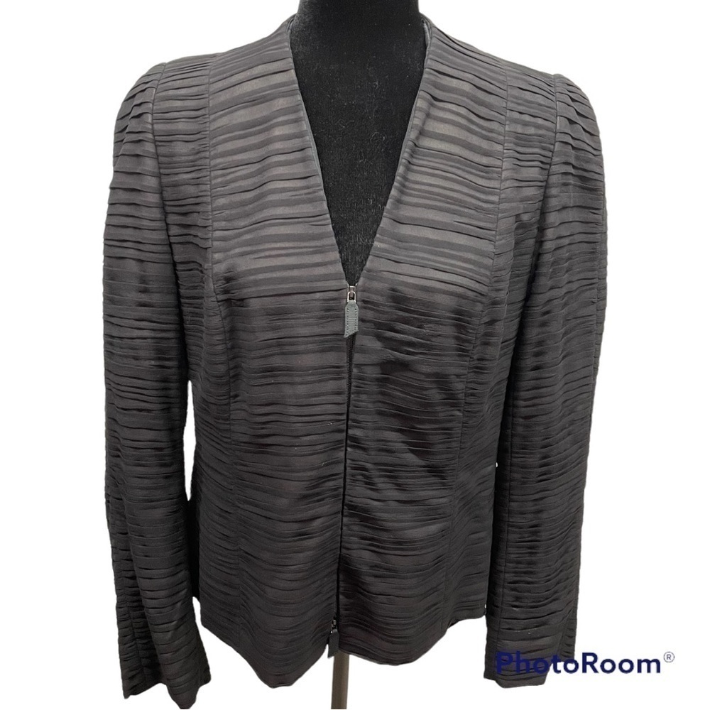 Akris Black 100% Silk Layered Collarless Zip Up Jacket Blazer size 12